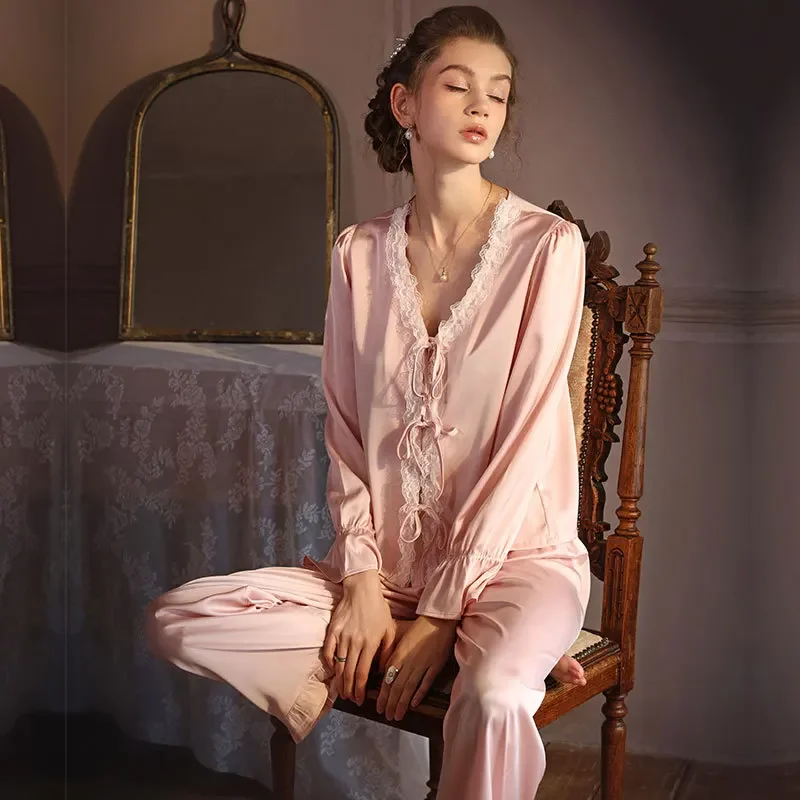 Ropa de dormir fina de satén para mujer, ropa de dormir con borde de encaje, cárdigan de manga larga con cuello en V, conjunto de pijama estilo corte francés para verano