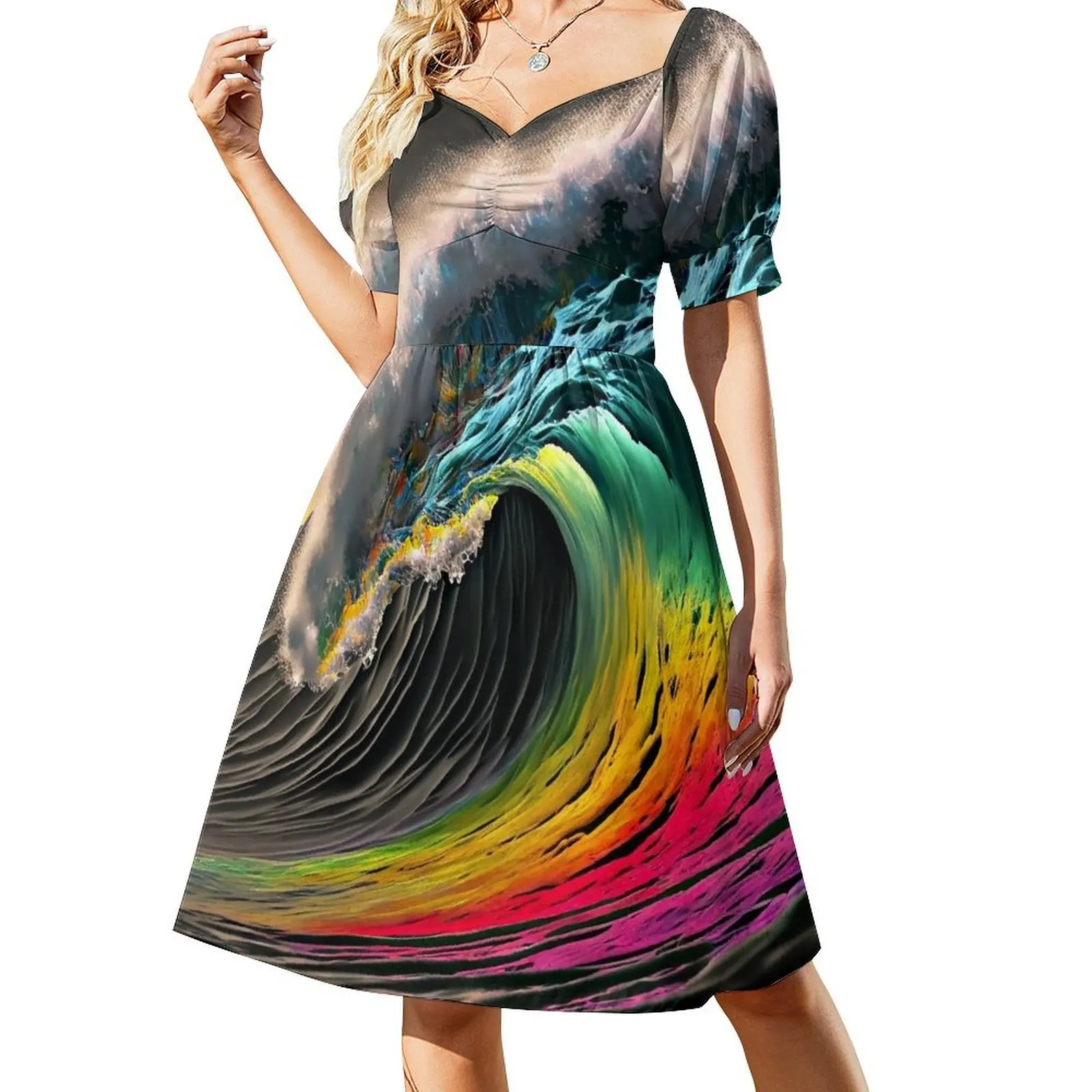 

Rainbow Ocean Waves Short Sleeved Dress Long dress dress party evening elegant luxury celebrity