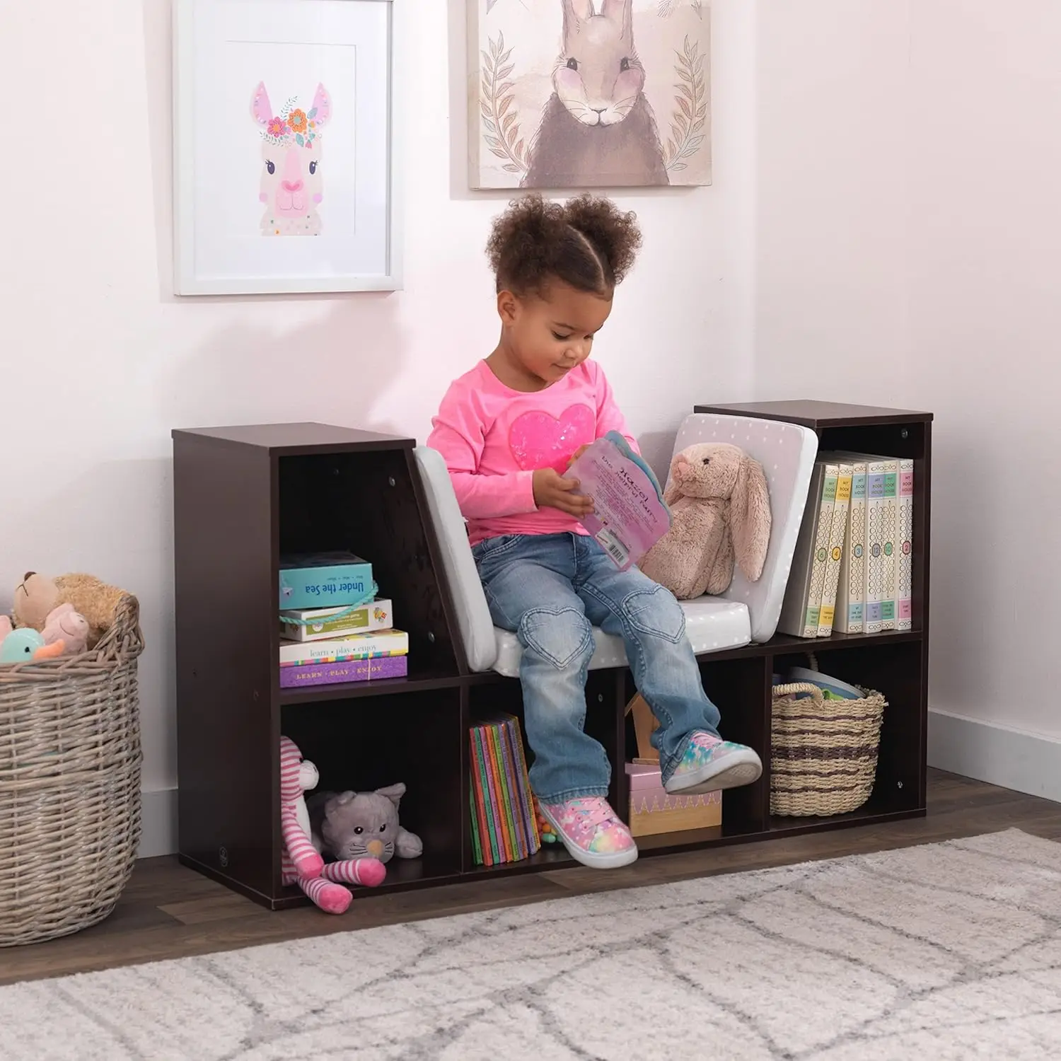 Wooden Bookcase with Reading Nook, Six Shelves and Gray Cushion - Espresso