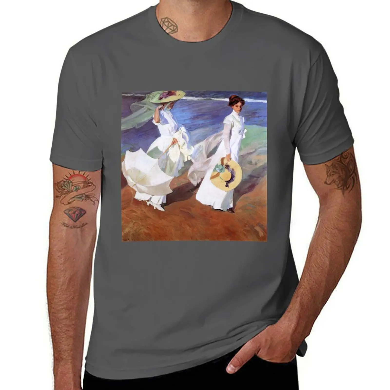 

Joaquin Sorolla Women Walking on the Beach Impressionist Painting T-Shirt Work Outdoor T-Shirt for Men