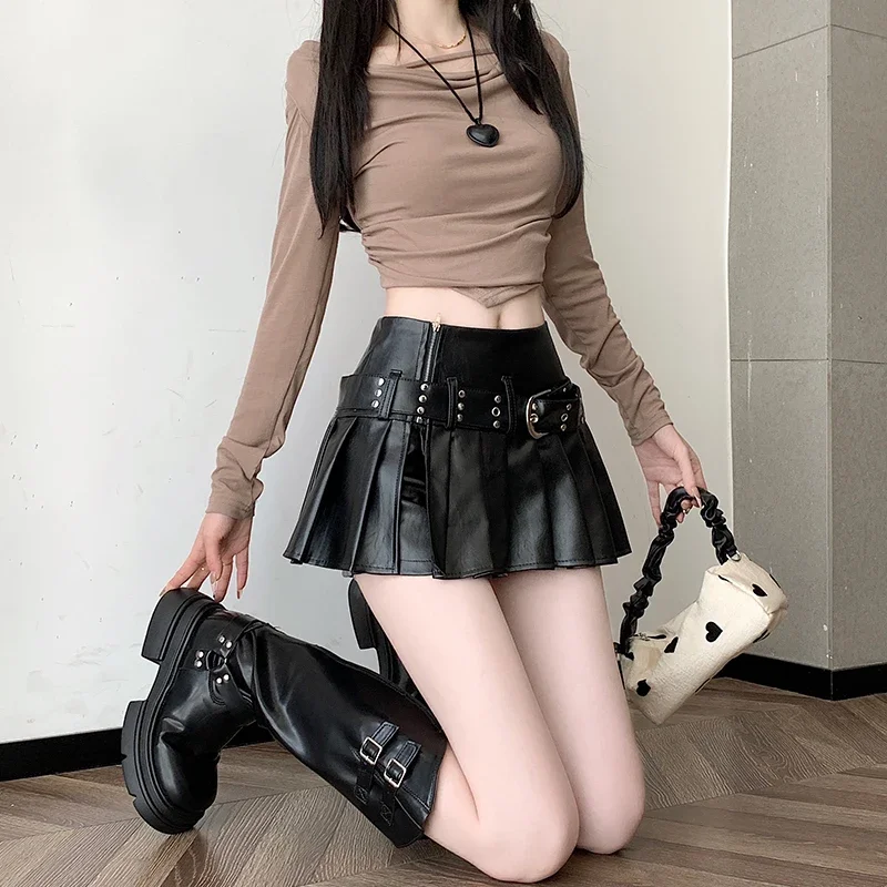 2024 Autumn/Winter Black Half length Skirt Pants Anti glare High waisted A-line Skirt pleated Skirt Short Skirt Shorts