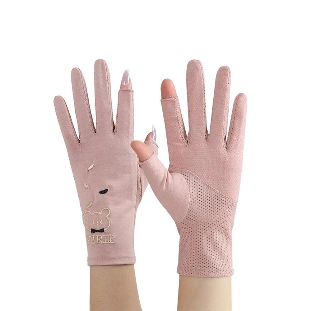 Fashion Embroidered Bear Anti-UV Women Mesh Sunscreen Mittens Drive Mitten Five Fingers Mitts Thin Gloves