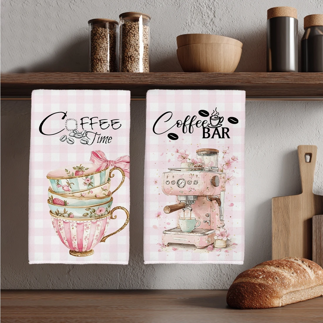 Cleaning cloth 2 packs, coffee element illustration pink plaid microfiber kitchen towel