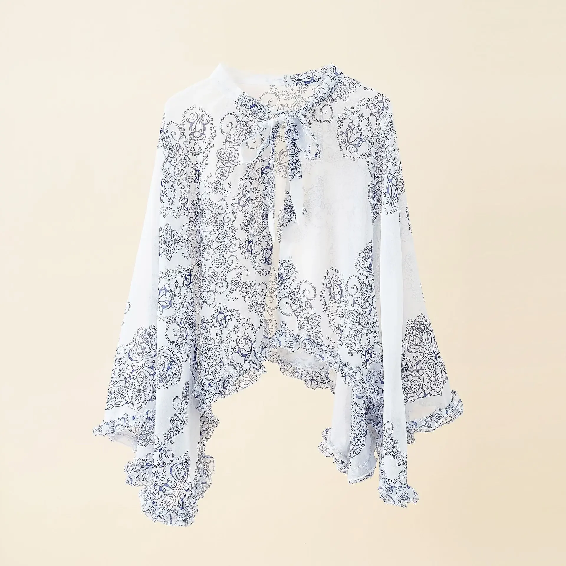

2024 Spring Summer New Flower Print Lace Up Shawl Ruffle Edge Pullover Women Cloak Sunscreen Lady Poncho Capes White