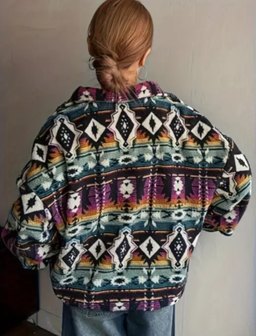 Giacca da donna Autunno e inverno Nuovo popolare casual caldo stile etnico stampato giacca con cerniera in peluche Giacca retrò alla moda