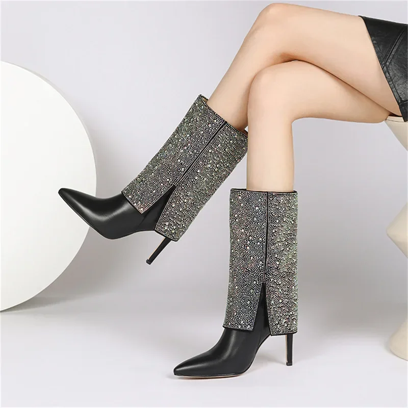 Rhinestones Boots Pointed Toe Thin Heels Black Botas Modern Shoes Fashion Zapatos Mujer Versatile Mid-calf Elegant Luxury New