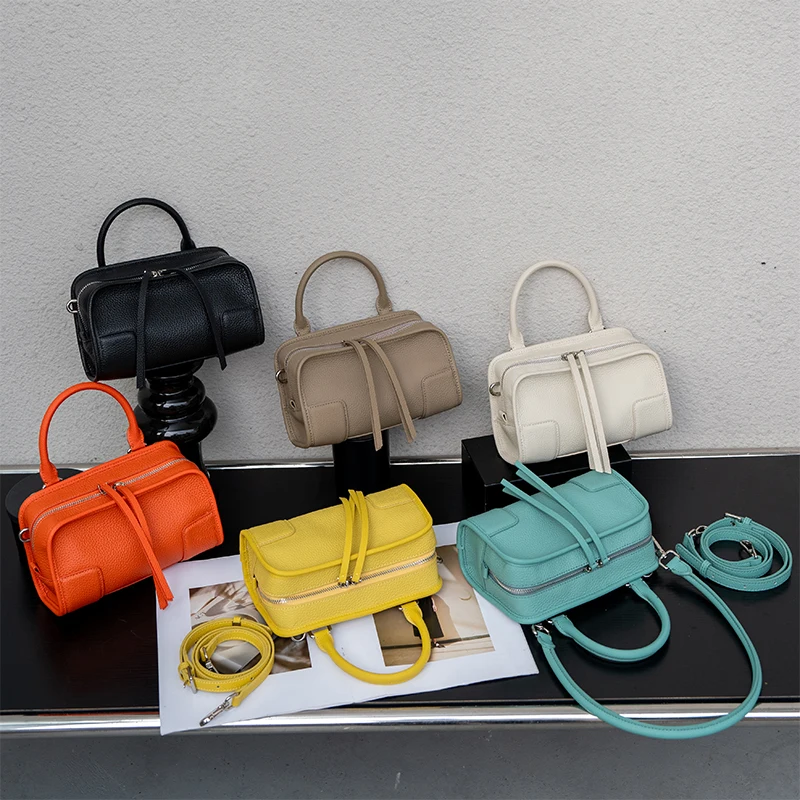 Genuine Cowhide Leather Mini Crossbody Bag for Women Top Handle Boston Bag with Zipper Closure Luxury Designer Messenger Bags