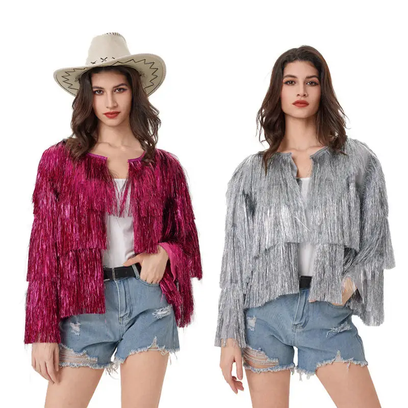 

Silver Tead Tassel Long Sve Jaet Spring Summer loween Open Cardigan Women's Sle Loose Fit Polyester Fabric