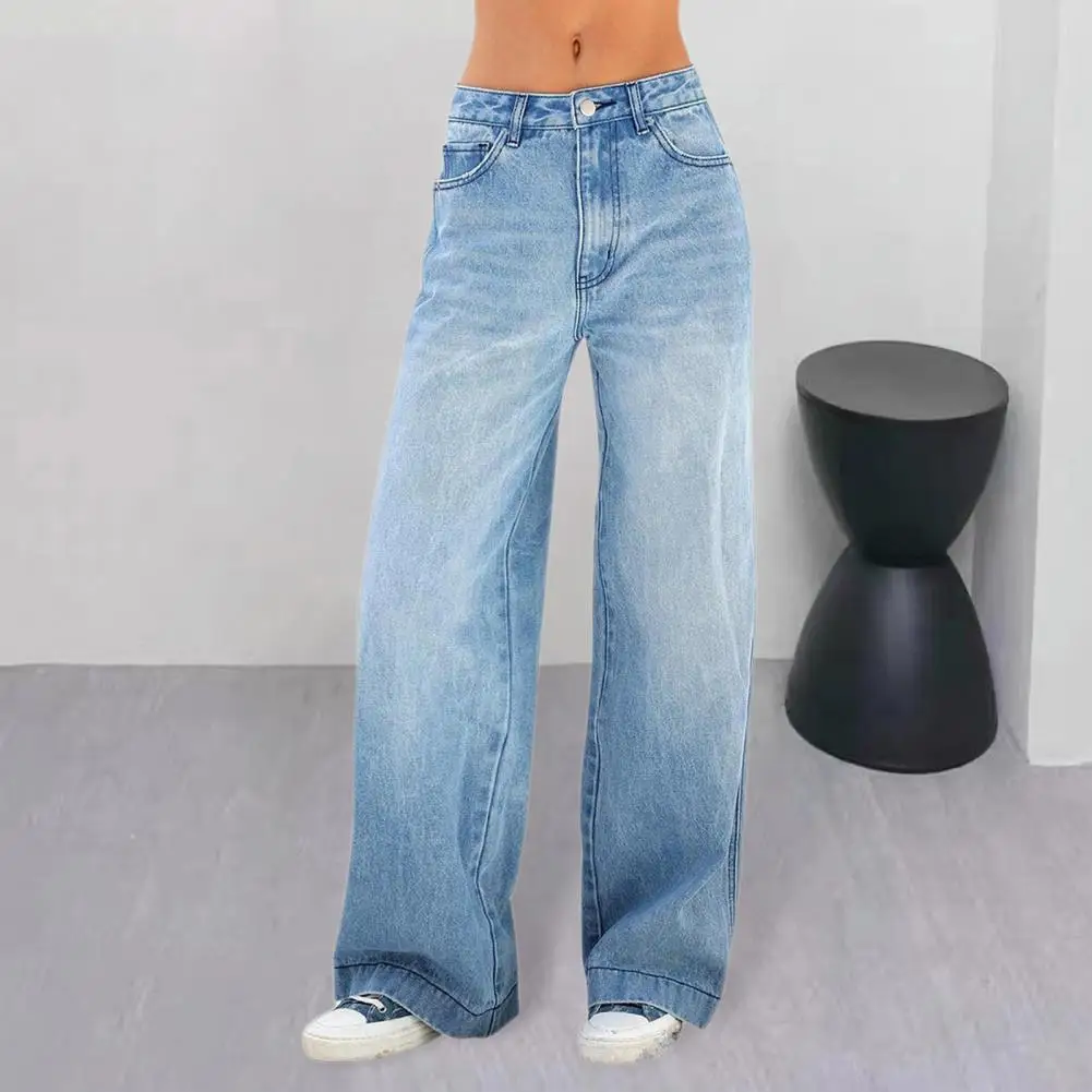 Women Jeans High Waist Zipper Button Closure Gradient Color Retro Wide Leg Loose Colorfast Full Length Lady Long Denim Trousers