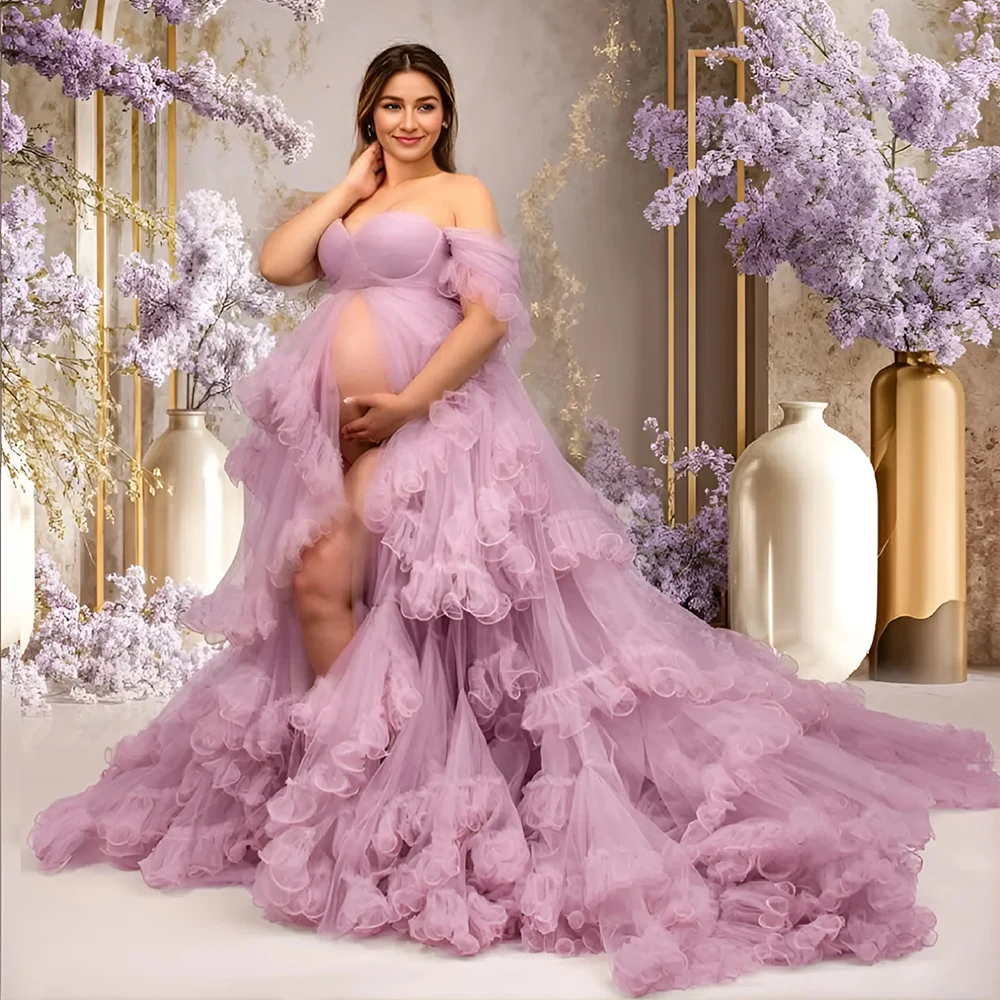 

2025 Ethereal Tulle Ruffle Maternity Photoshoot Dresses Off Shoulder Maxi Baby Shower Dress for Pregnant Woman YW243160