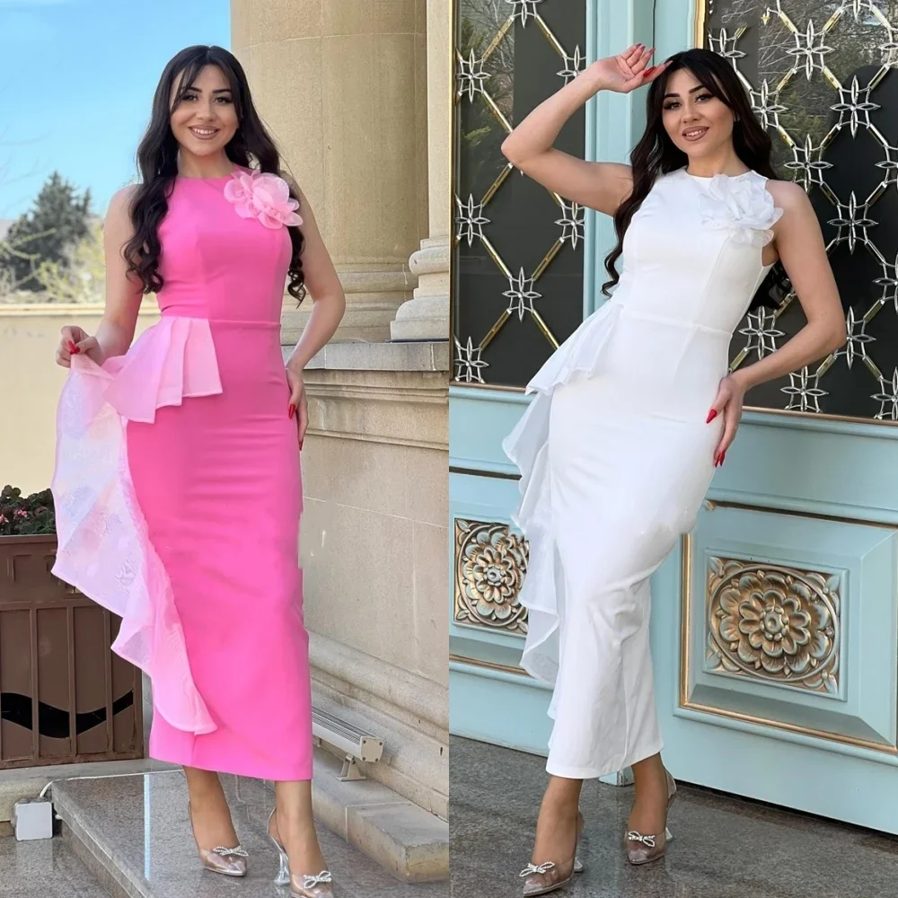 

Customized Jersey Handmade Flower Pleat Graduation A-line O-Neck Bespoke Occasion Gown Midi Dresses