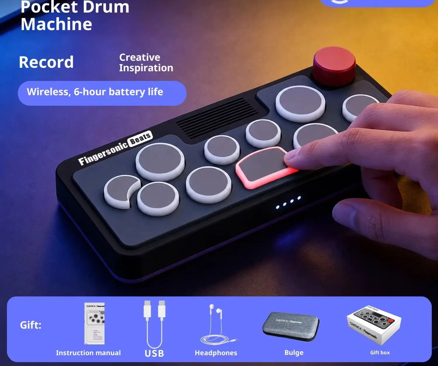 Pocket Drum Machine Music Keyboard Customized Bluetooth Wireless Silicone Drum Plate Portable Percussion Instrument MIDI Output