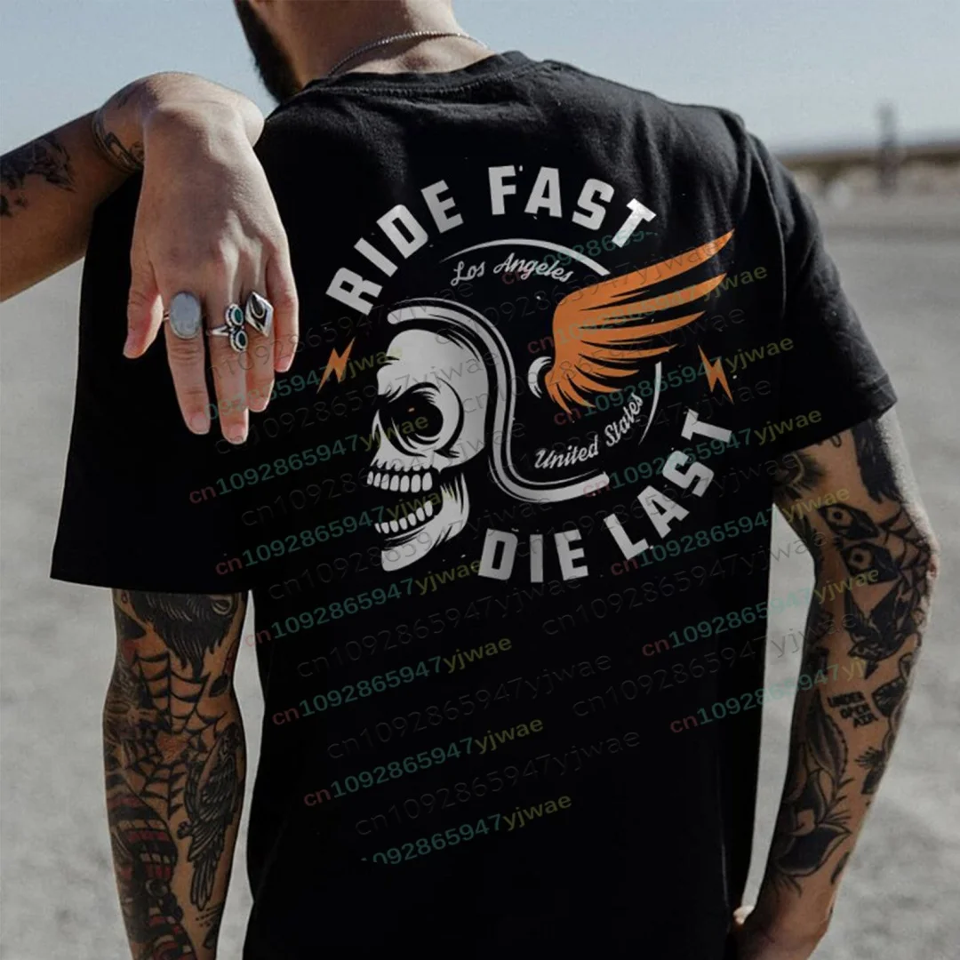 Harajuku Streetwear TShirt Men's Ride Fast Die Last Skulls Pattern Summer Casual TShirt Men Women Racing Short Sleeve Casual Top