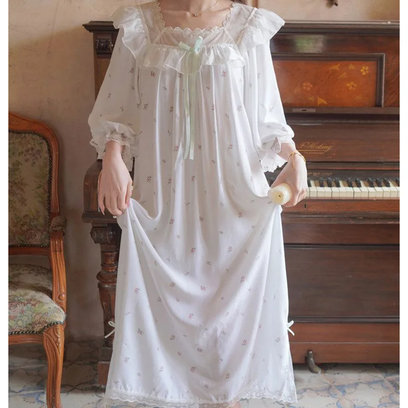 Cotton Lace Long Sleeve Fairy Pajamas Nightgowns for Women Summer Short Sleeve Vintage Princess Nightdress Home Suit