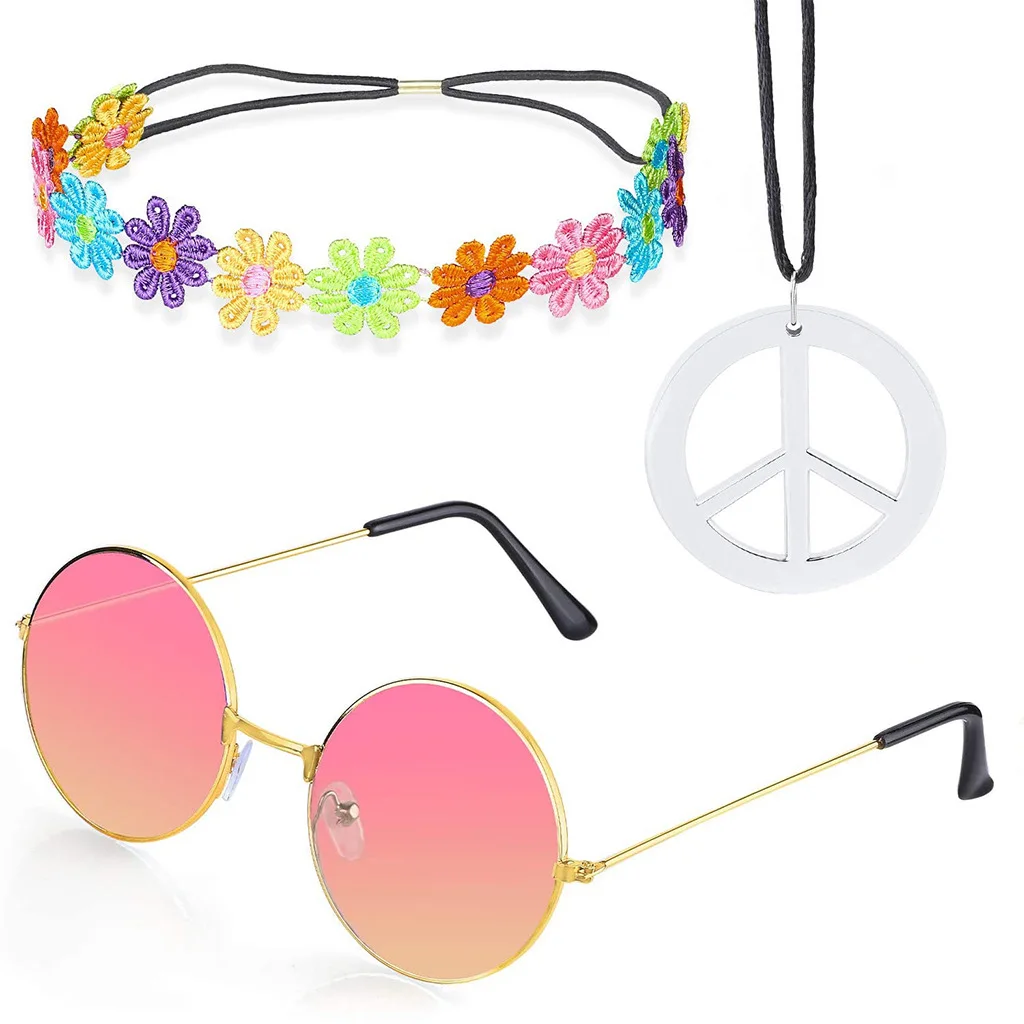 Disfraz de accesorios Hippie para hombres, traje de leopardo arcoíris Hippie de los años 70, diademas Hippie para hombres, collar de signo de la paz, gafas de sol