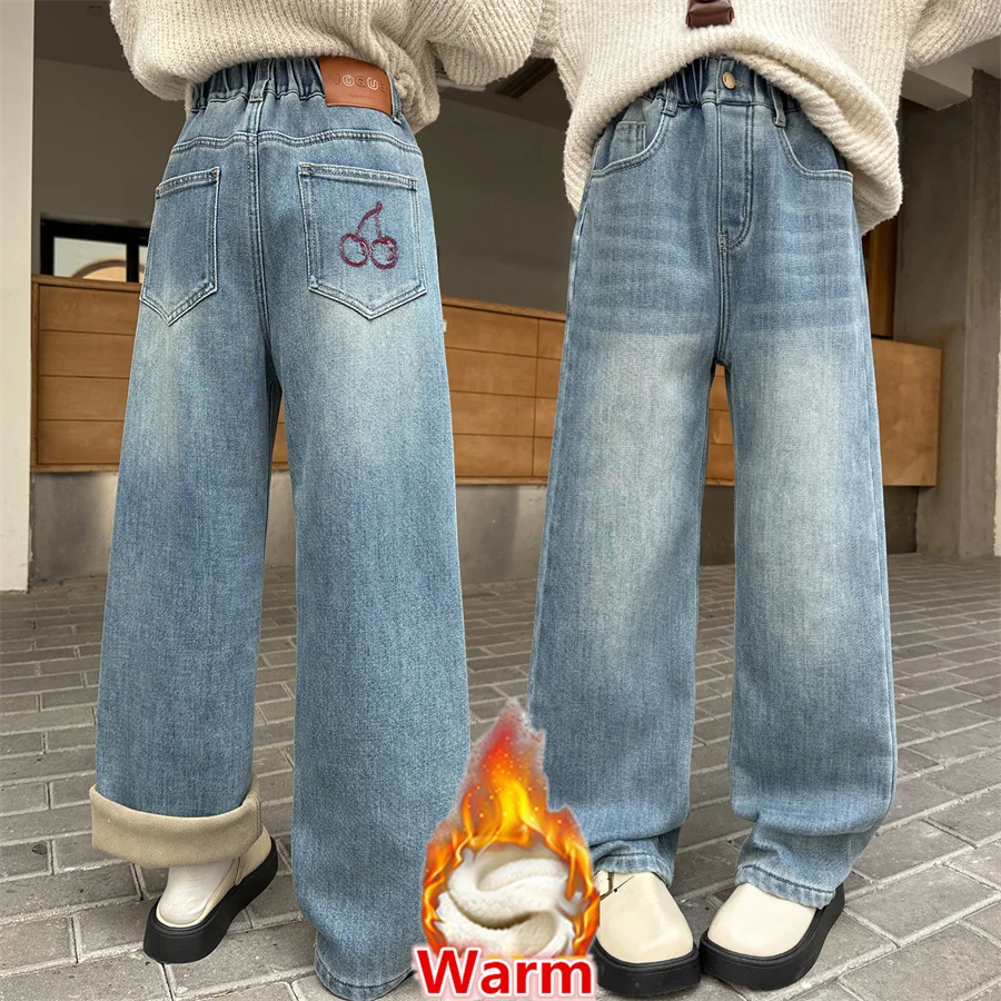 

Kids Winter Thermal Patches Jeans with Cherry For Tween Girls Loose Straight Insulated Denim Trousers Children Warm Fleece Pants