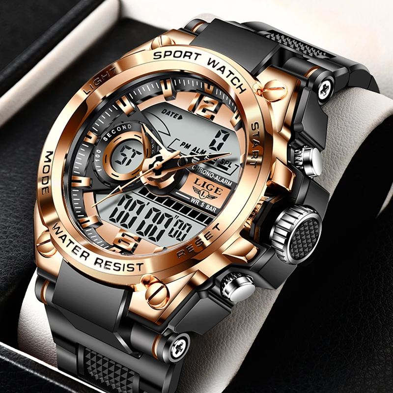 LIGE جديد فاخر كوارتز ساعة مزدوجة كبيرة الرجال موضة عسكرية الرجال ساعة رقمية عادية الأعمال الرياضية مقاوم للماء كرونوغراف الذكور #6