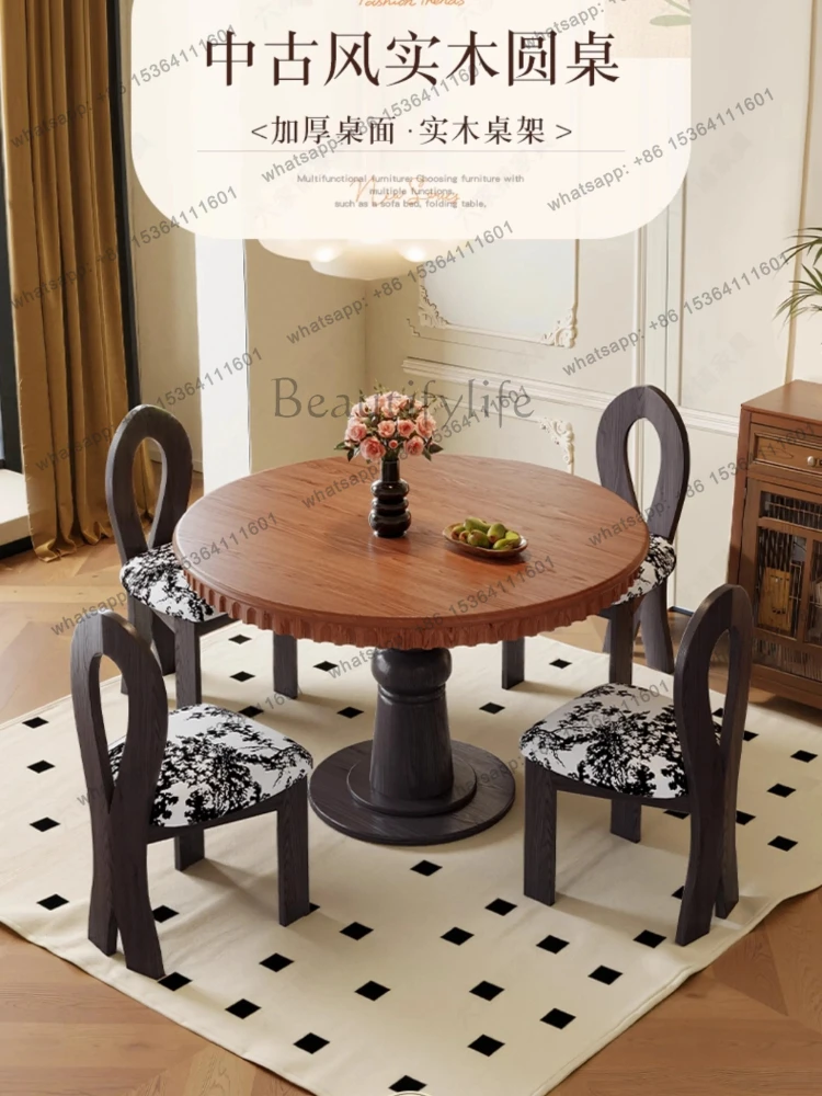 round table household  Retro style ash wood grain dining table and chairs French medium and ancient style solid wood