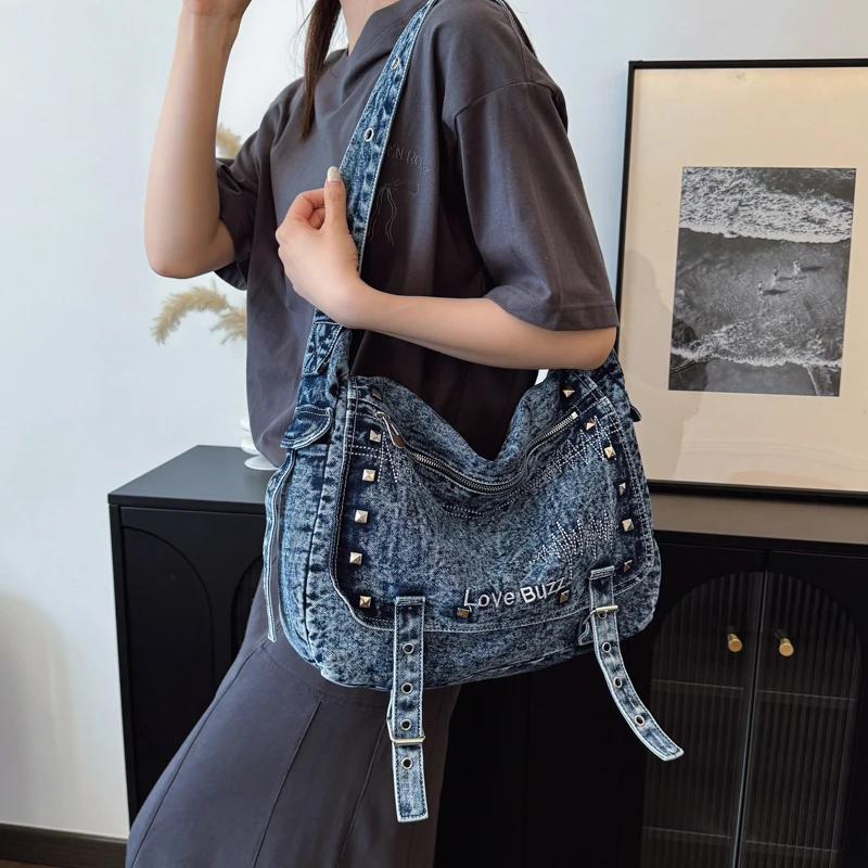 

Tiptoegirls Solid Denim Fabric Female Shoulder Messenger Bag Fashion Shopping Shoulder Bag Rivets Vintage Party Casual Women Bag