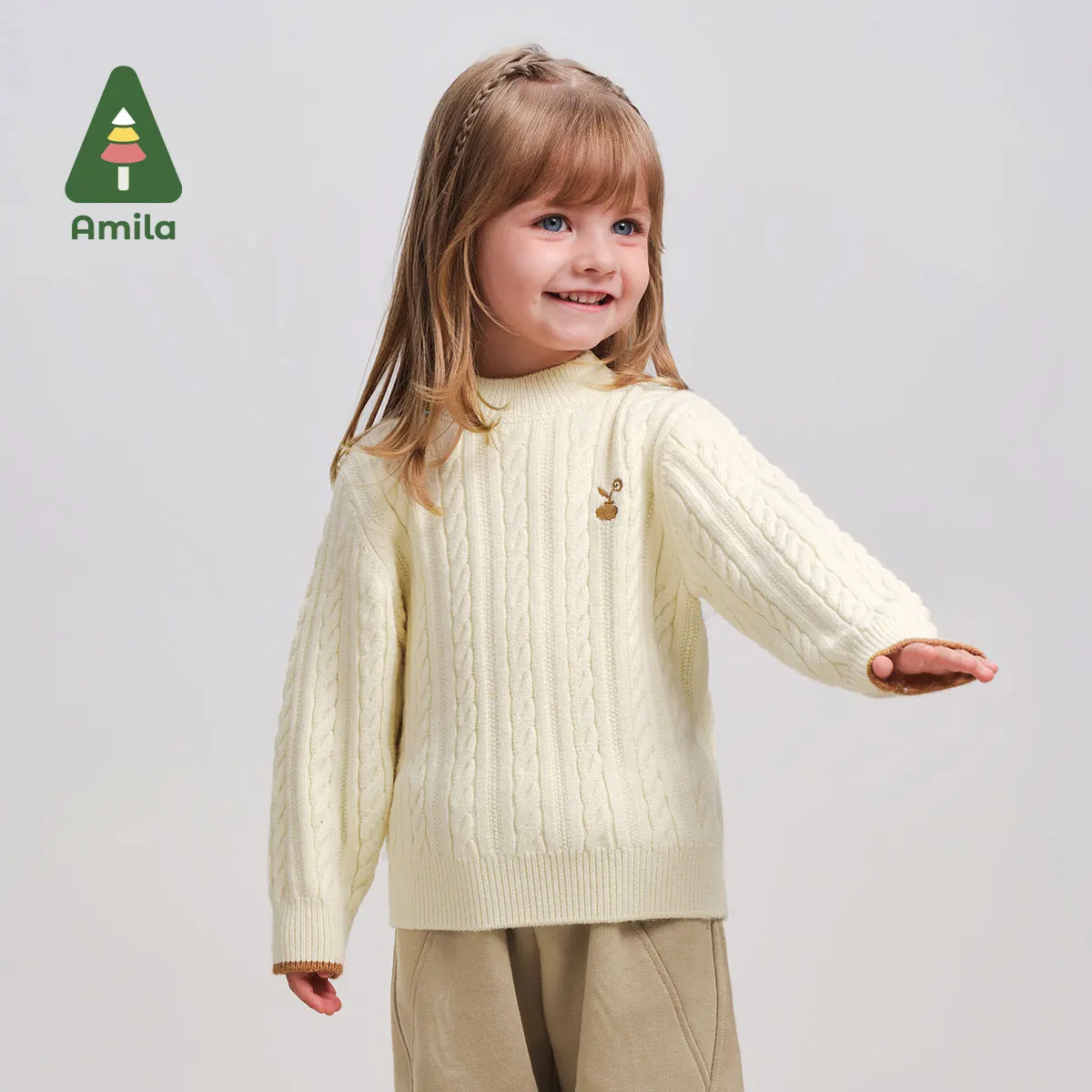 Amila Baby Sweater 2024 Winter New Style For Girls Warm Skin-Friendly Solid Color Sweet Round Neck Versatile Children’s Pullover