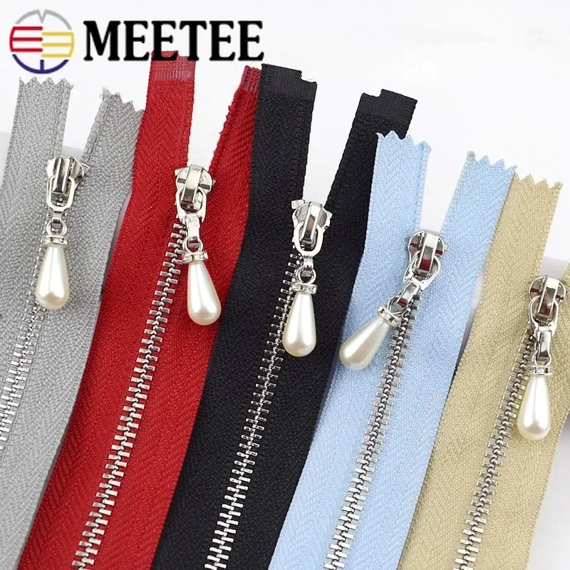 5Pcs Meetee 20cm Close-end 40/50/60/70cm Open-End 3# Metal Zipper Pearl Slider Zip for Sewing Clothing Decor DIY Crafts Tools