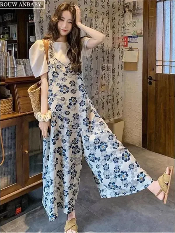 Fashionable Lightweight Wide Leg Straight Cut Halter Neck Overall Pants Women's Summer New Korean Style Lazy Floral Print Pants