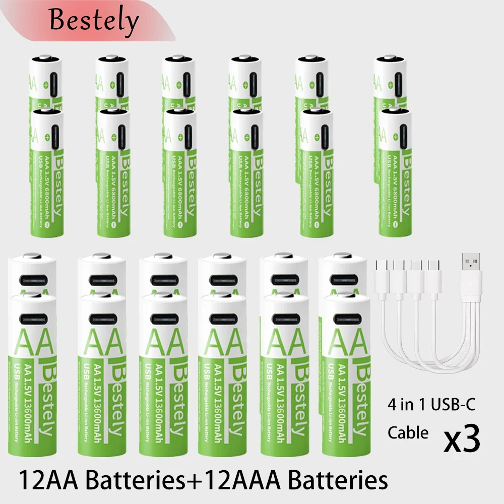 Nieuwe 1,5 V AA 13600 mAh + AAA 6800 mAh oplaadbare lithiumbatterijen Langdurige USB Li-ionbatterij 2000 cycli met USB-C-kabels