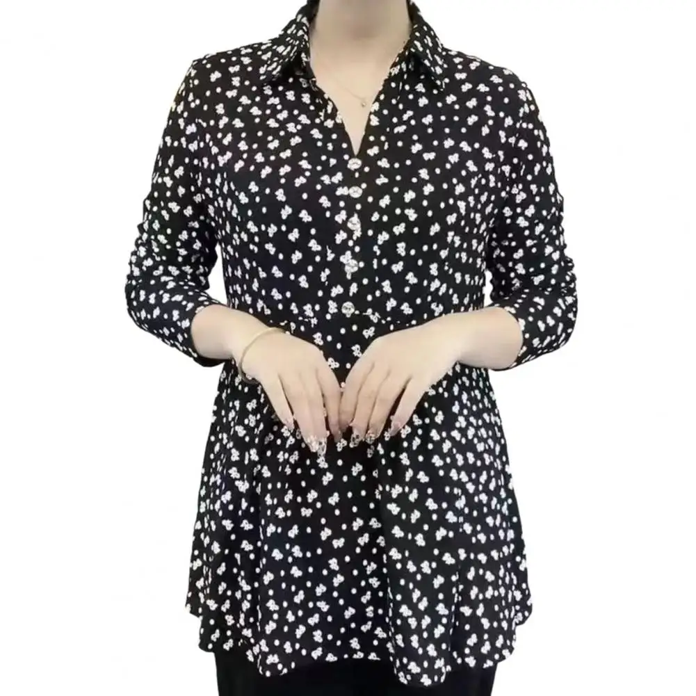 Camisa feminina de manga comprida com estampa floral com botões, lapela, decote em v, pulôver, blusa de meia idade para mãe, elegante, camisas estampadas