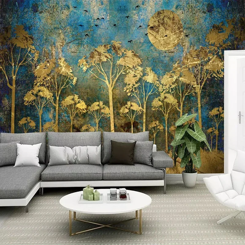 

Custom Any Size Mural Wallpaper Abstract Mood Golden Forest Bird Wall Cloth Living Room TV Sofa Home Decoration Wall Paper Roll