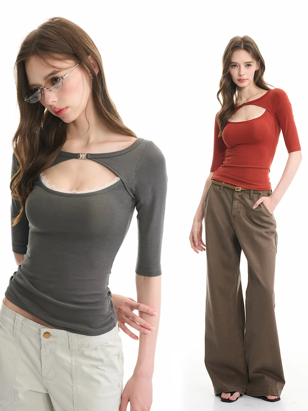 

Sexy Style Sleeveless Top Metal Button Lace Outfit Spring Summer Women's Slim Fit round Neck T-Shirt Lyocell Cotton Spandex