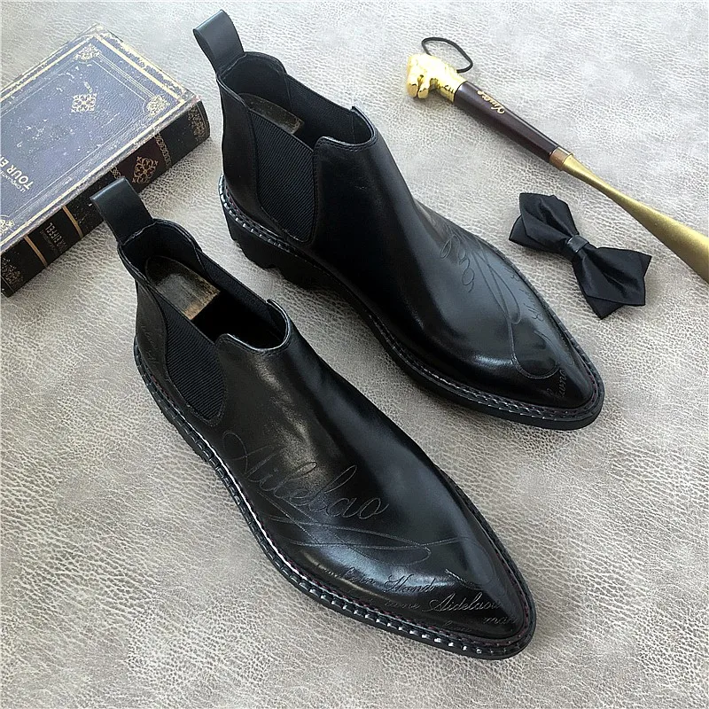 Italian Genuine Leather Mens Ankle Boots Pointed Toe Black Grey Men\'s Chelsea Boots British Style Italian Shoes Type Dress Boots