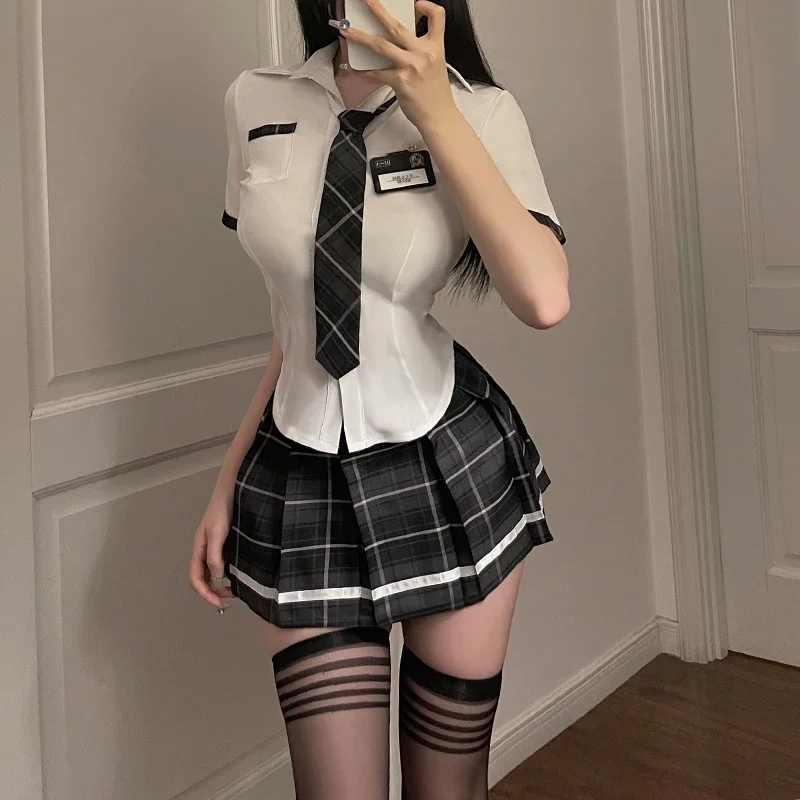 Women Sexy Lingerie Slim Fit Schoolgirl Cosplay Outfit Student JK Uniform Shirt with Plaid Pleated Skirt Panties Set Costume