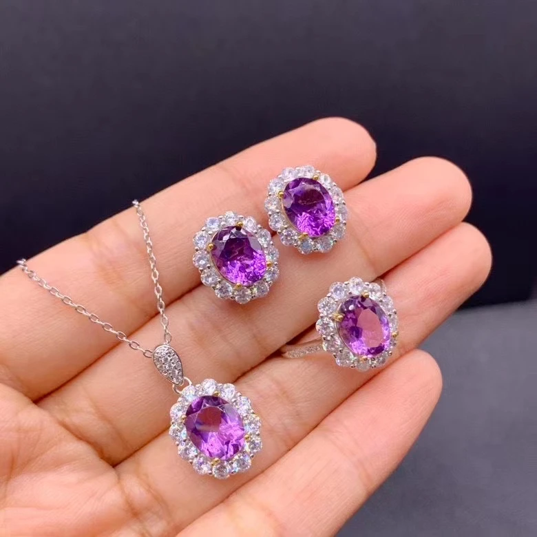 

Exquisite Jewelry 925 Sterling Silver Inlaid Natural Top Grade Amethyst Gemstone Women Ring Pendant Earring Set