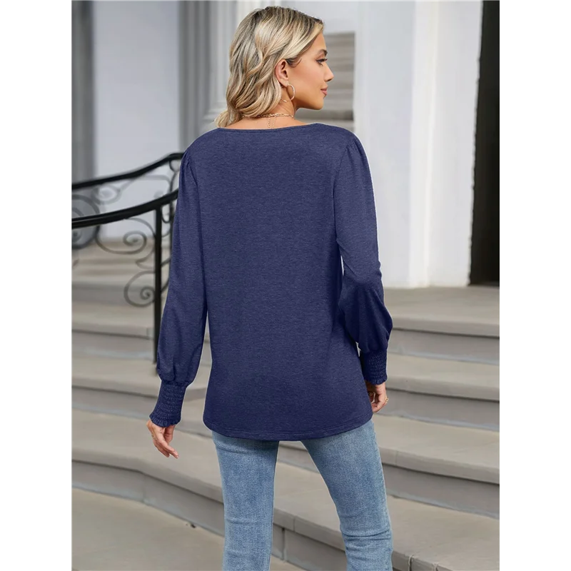 Koszule damskie CGS, luźne, z długim rękawem, marszczone bluzki z dekoltem w serek, modne bluzki