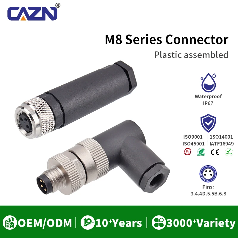 M8 Plastic Assembled Plug Male Female Straight Angled 3 4 5 6 8 Pins Solder Type IP67 for Automation