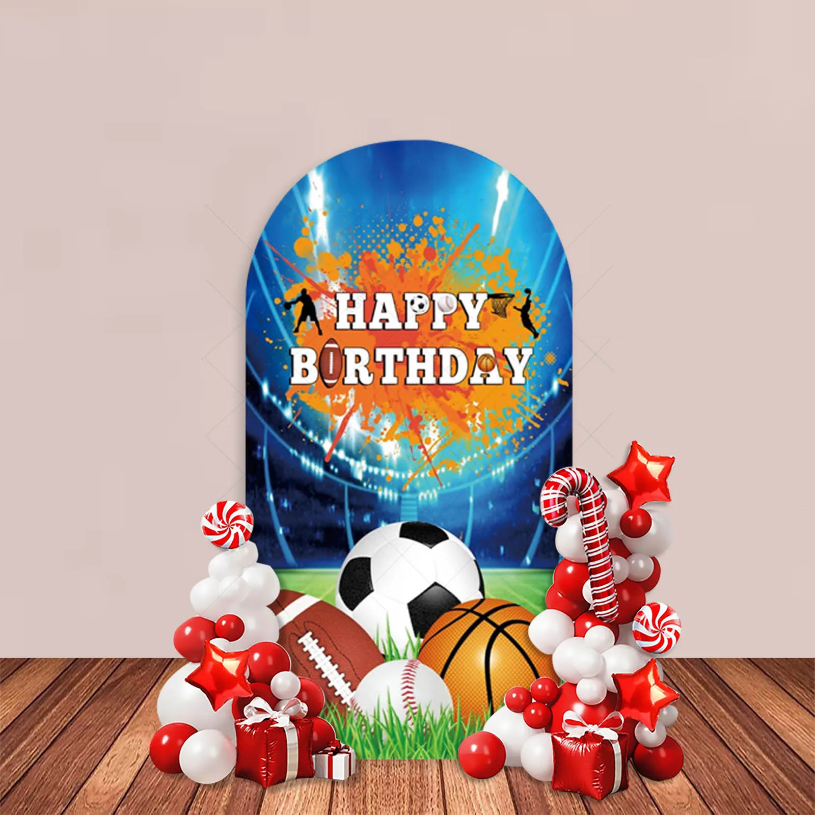 Happy Birthday Arch Backdrop Cover Football Basketball Baseball Rugby Soccer Sports Star Boy 1st Birthday Party Decor Background
