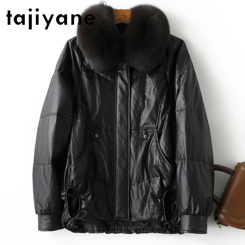 TAJIYANE 100% جلد الغنم أوزة أسفل معطف قصير الجلد الحقيقي سترة منفوخة النساء مع الثعلب الفراء طوق الملابس الشتوية 2025 doblianка
