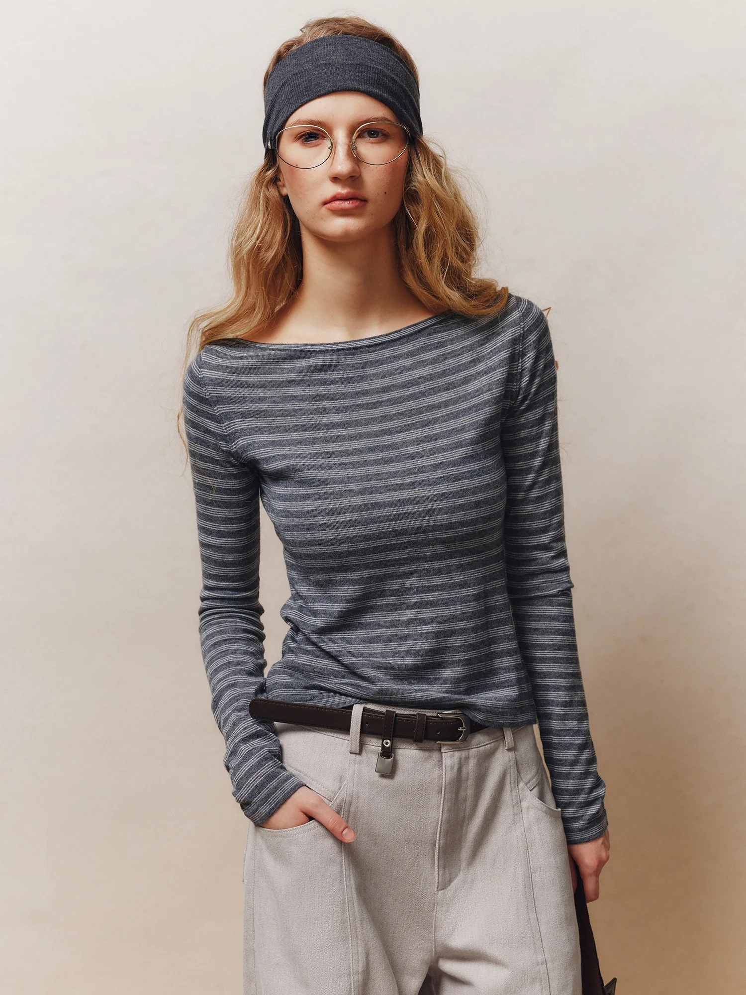 Casual Style Wool Blend Striped Knitted Top Shoulder Bared Short Sailor Shirt T-Shirt Women's One-Shoulder Long Sleeve Knitwear