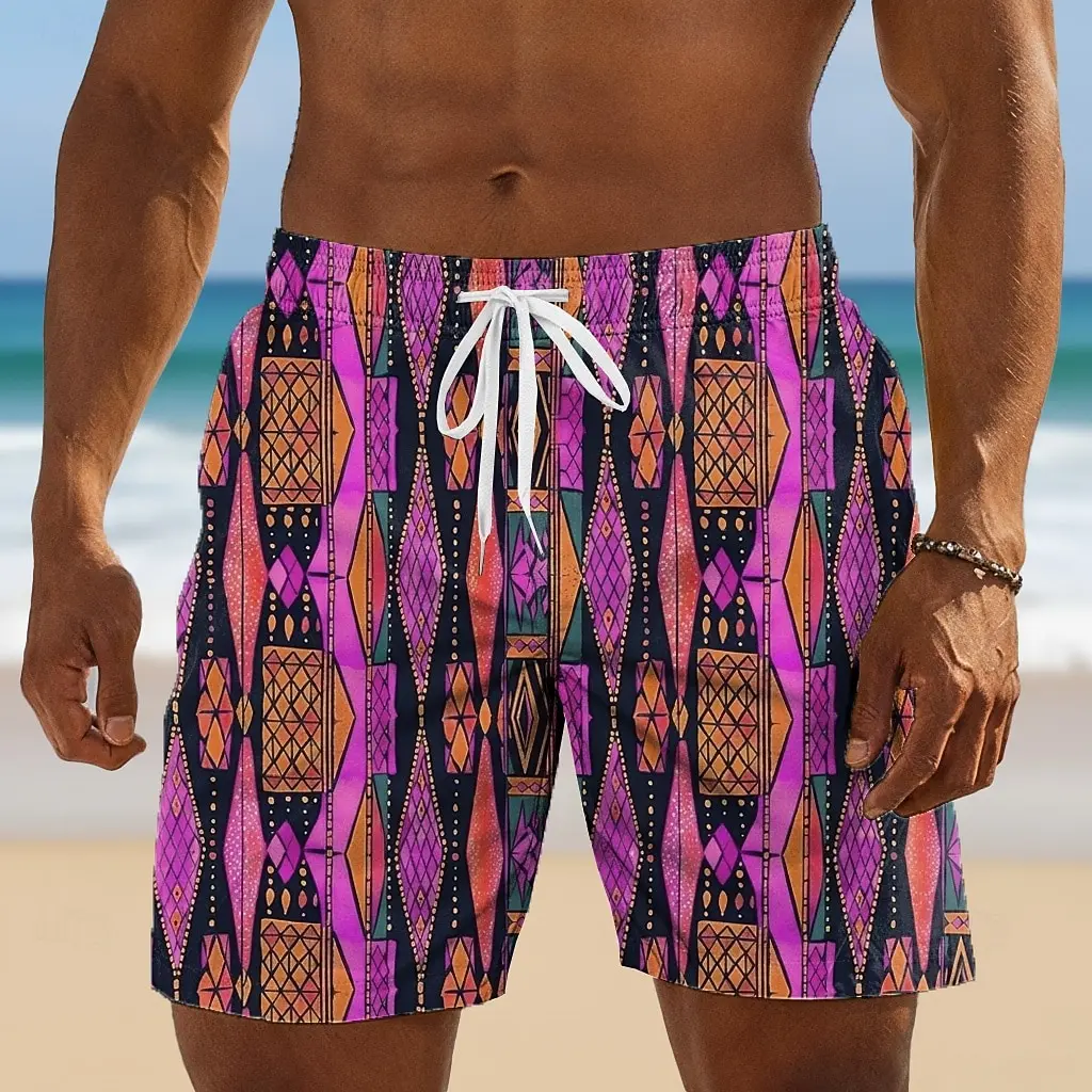 Men's Spring Summer 3D Printed Drawstring Shorts, Pink Orange Yellow Ethnic Diamond Geometric Boho All Over Print Casual Bottom