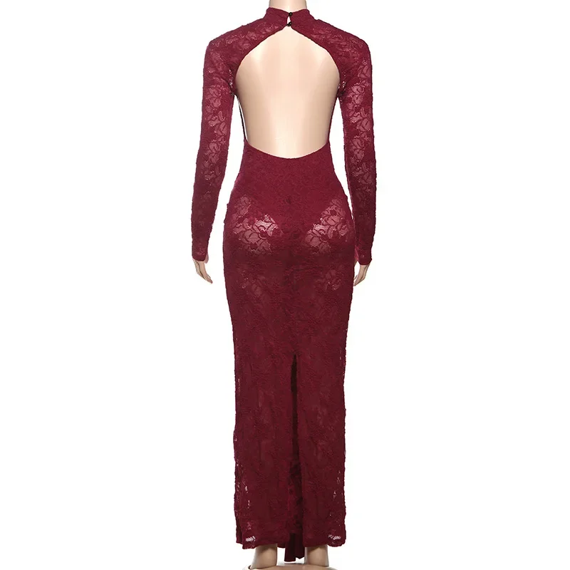 See Through Lace Bodysuit Patchwork Bodycon Maxi Dress Lace Up Ribbon Turtleneck Full Sleeve Backless Split Women Sexy Long Robe