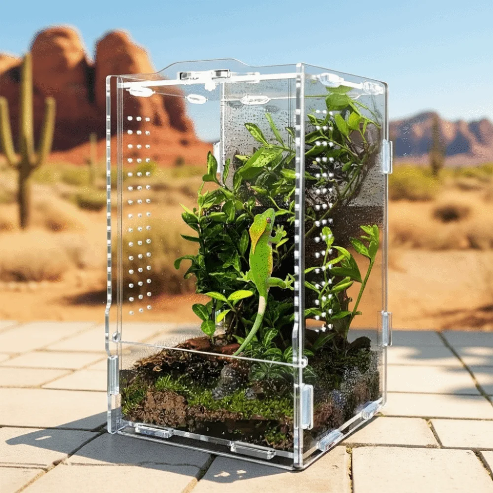 Transparente Reptilien-Fütterungsbox mit Ausbruchsicherung, Belüftung und Schnallenverschluss für Springspinnen - Acryl-Terrarium für Kriechtiere