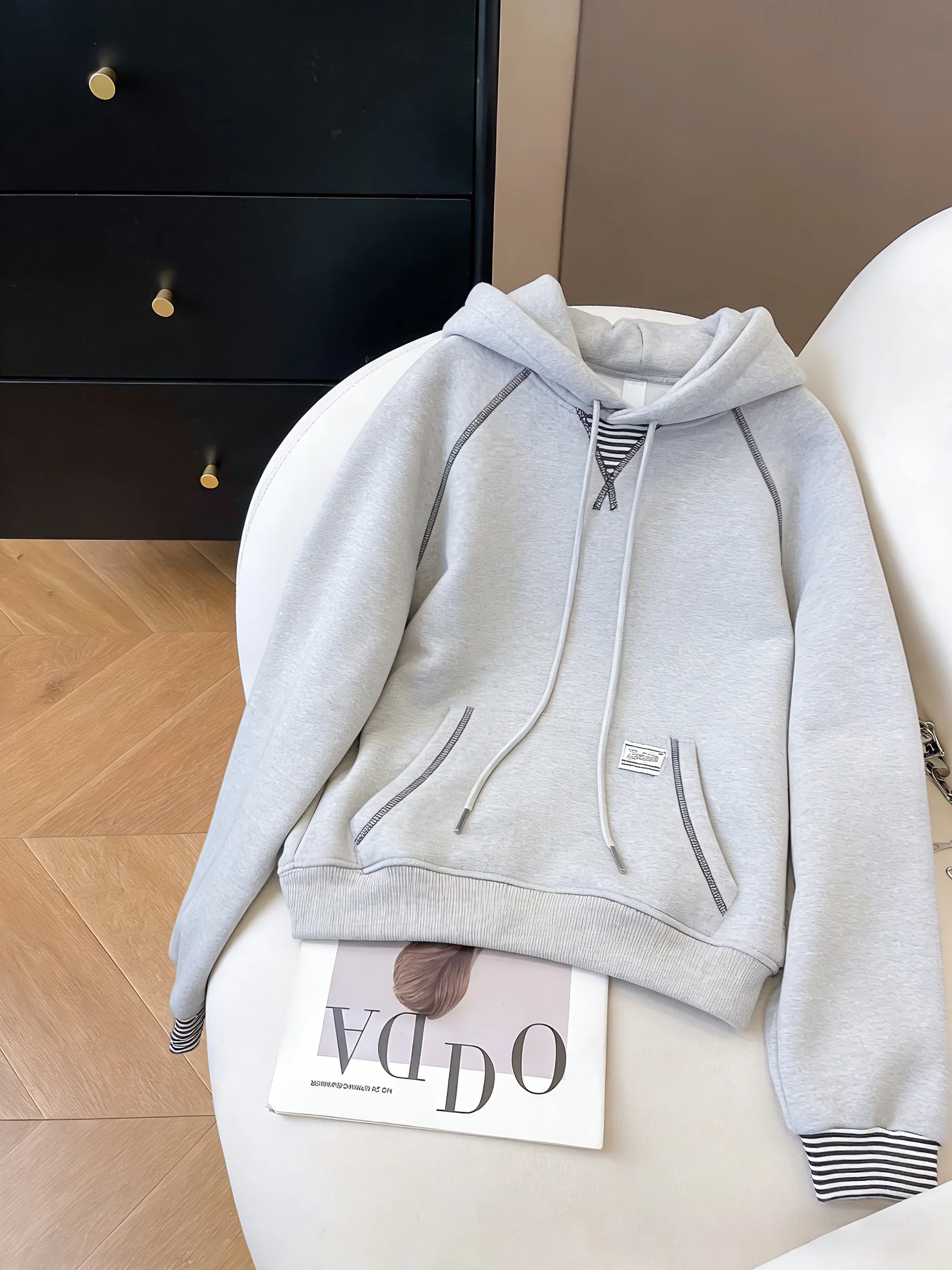 

Американский ретро-худи в полоску с контрастными вставками, женский, свободного кроя, весенний, модный, повседневный, с длинными рукавами, утепленный топ