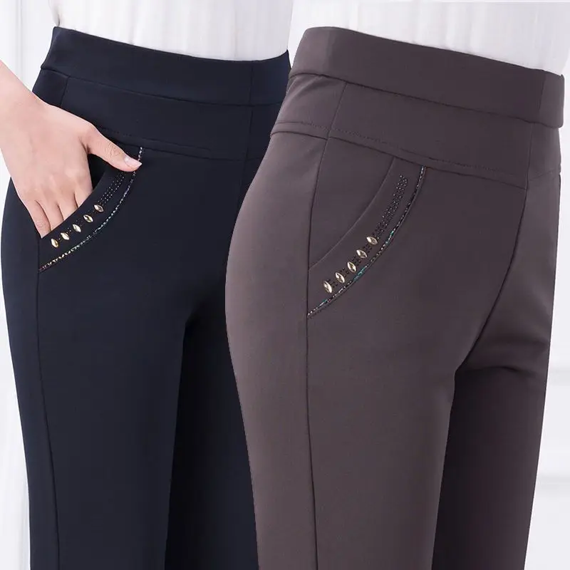 Pani urząd moda jednolite spodnie ołówkowe koreańska, wiosenna jesień Streetwear odzież damska wysokiej talii elastyczne Slim spodnie typu Casual