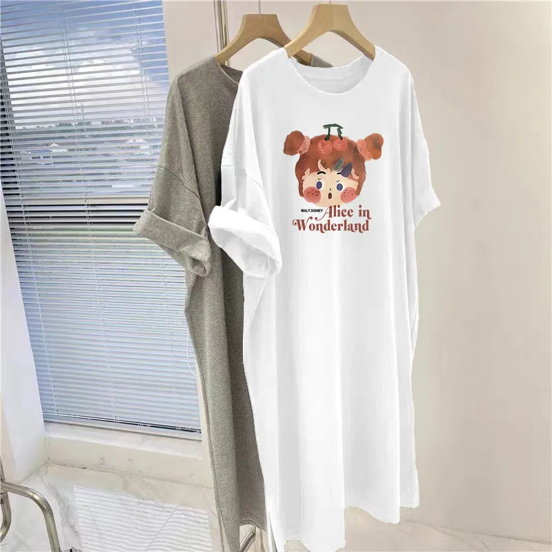 ชุดเดรสแขนสั้นพิมพ์ลายการ์ตูนน่ารักสไตล์ฤดูร้อนหวานสบายๆ ทรงหลวมขนาดใหญ่สำหรับผู้หญิง