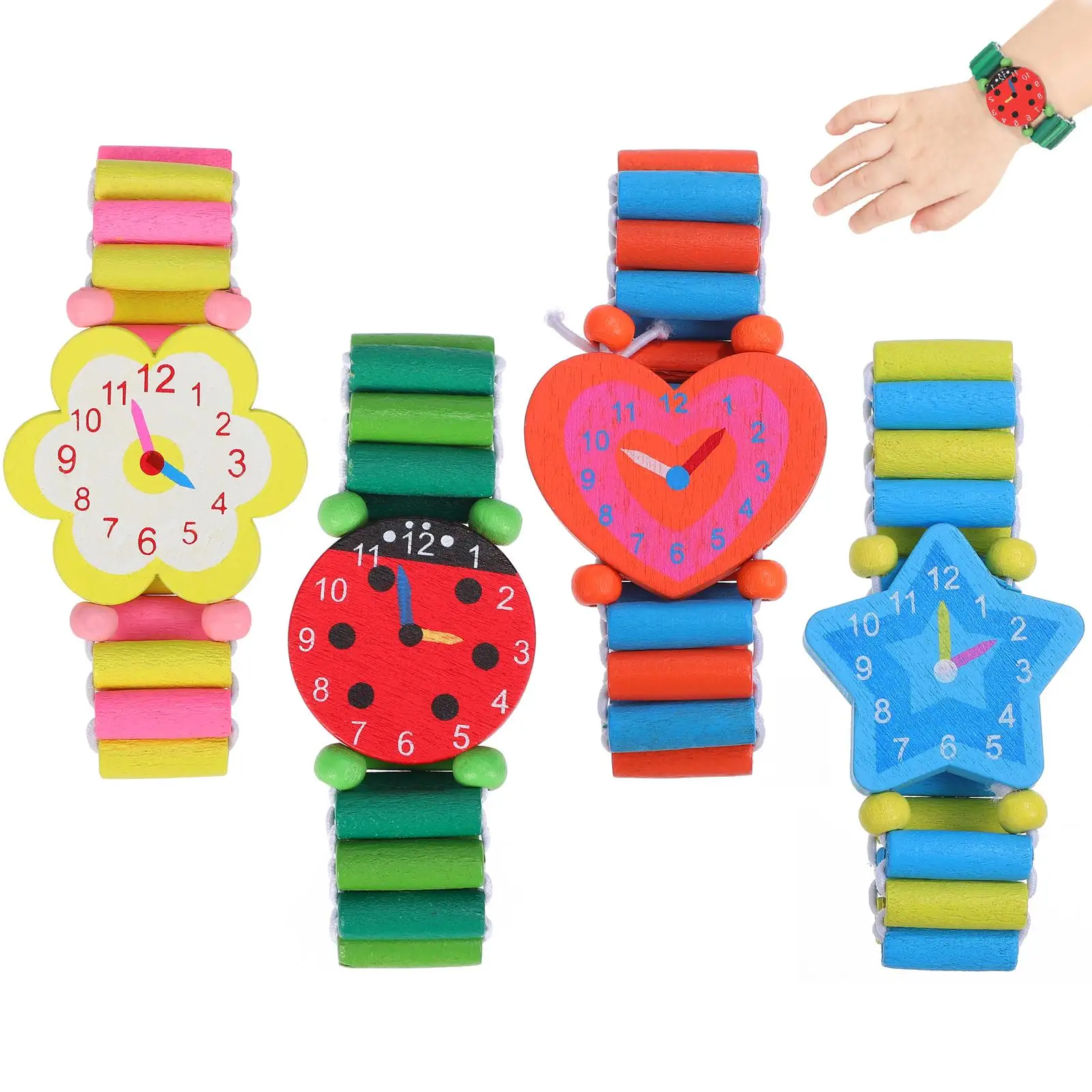 Montre de dessin animé, jouet de poignet environnemental créatif en bois de bambou pour enfants, 4 pièces