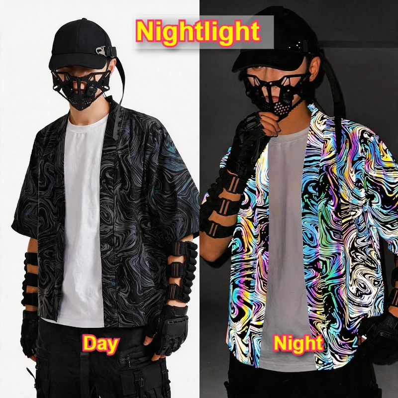 Unisex Night Reflective Punk Style Trainning Jackets Noctilucent Colorful Textured Fashion Outerwear y2k Nightbar Light Cloth
