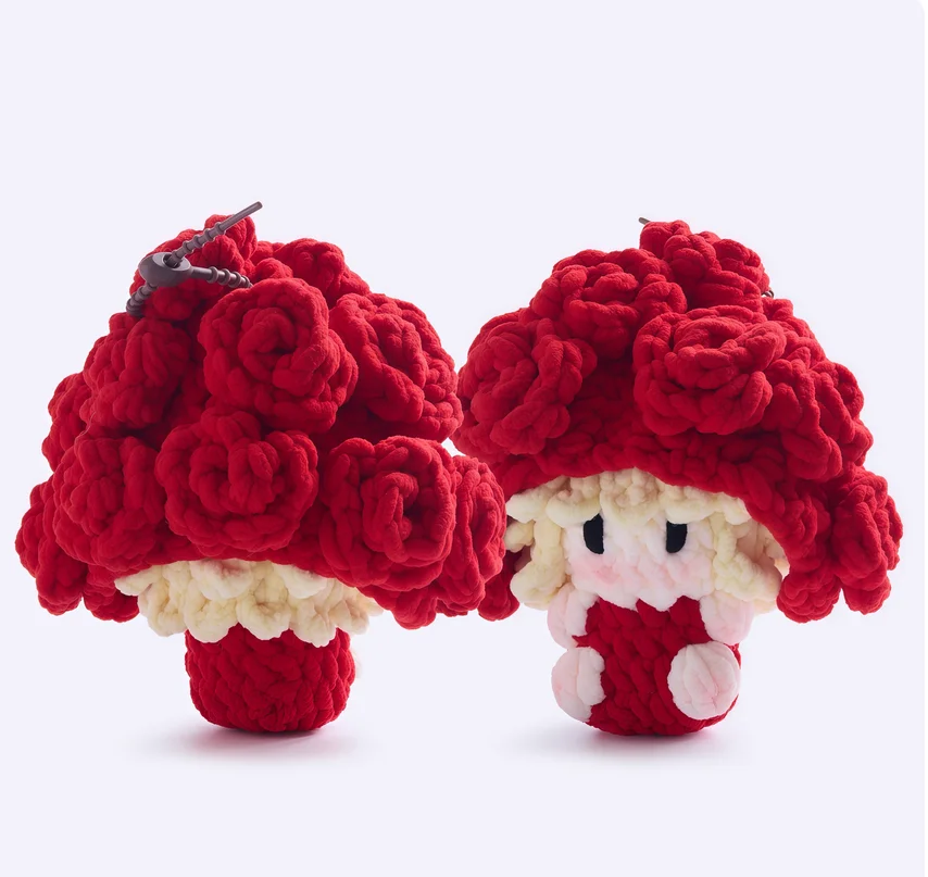 Handmade crocheted plush doll keychains and bag charms for celebrity merchandise and concert support.