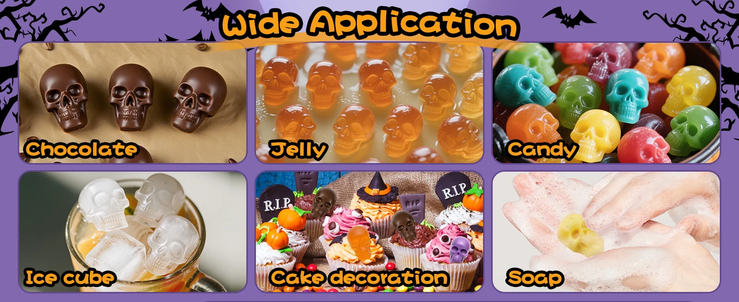 Totenkopf-Schokoladenformen, 2er-Pack Halloween Totenkopf-Süßigkeitenformen mit 20 Vertiefungen | Antihaft-Silikonform mit Totenkopfmotiv für Gummibärchen, Gelee und Eiswürfel – Detail 4