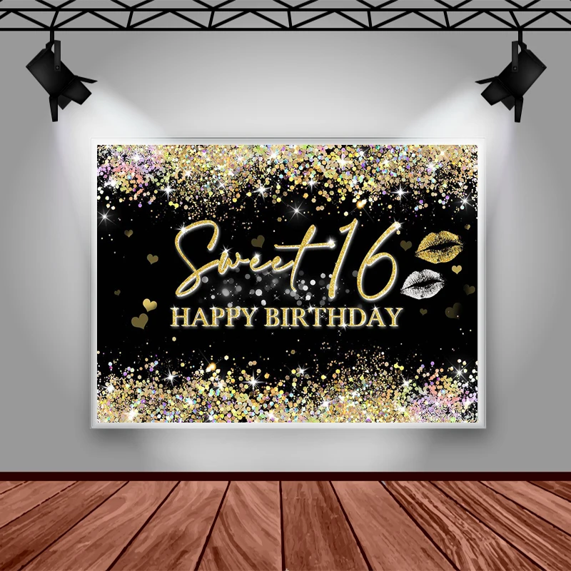Mocsicka Glitter Sweet 16 Backdrop Girl 16th Birthday Party Photo Background Diamond Decoration Photography Backdrop