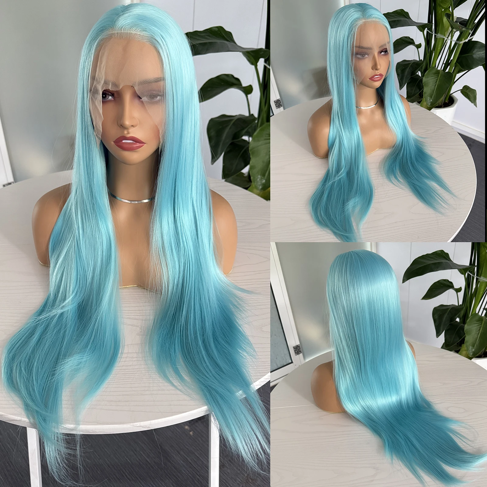 

Синий парик фронта шнурка 13x4 Длинные шелковистые прямые парики из синтетических волос для женщин Бесклеевая естественная линия волос Ежедневное использование Парик для косплея